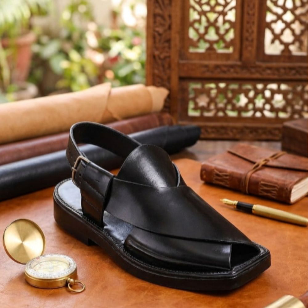 Black Peshawar Zalmi Kaptaan Chappal for Men | Premium Handmade Leather Footwear