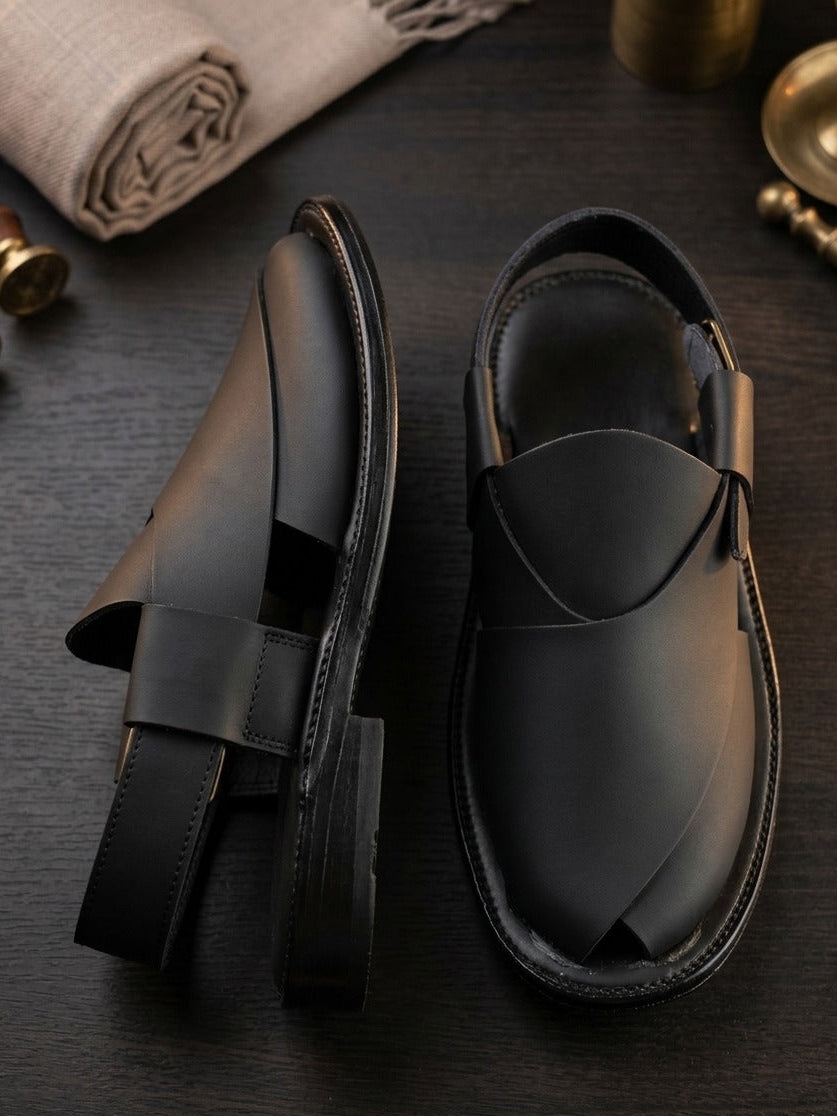 Matt Black Plain Peshawari Sandals for Men – Premium Handmade Traditional Chappal