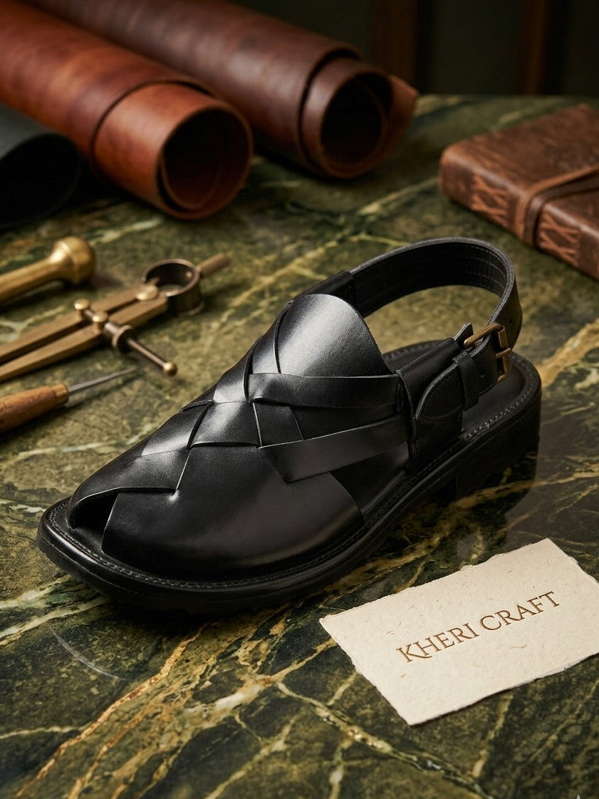 Black Nerozi Chappal for Men – Premium Handmade Leather Traditional Sandals