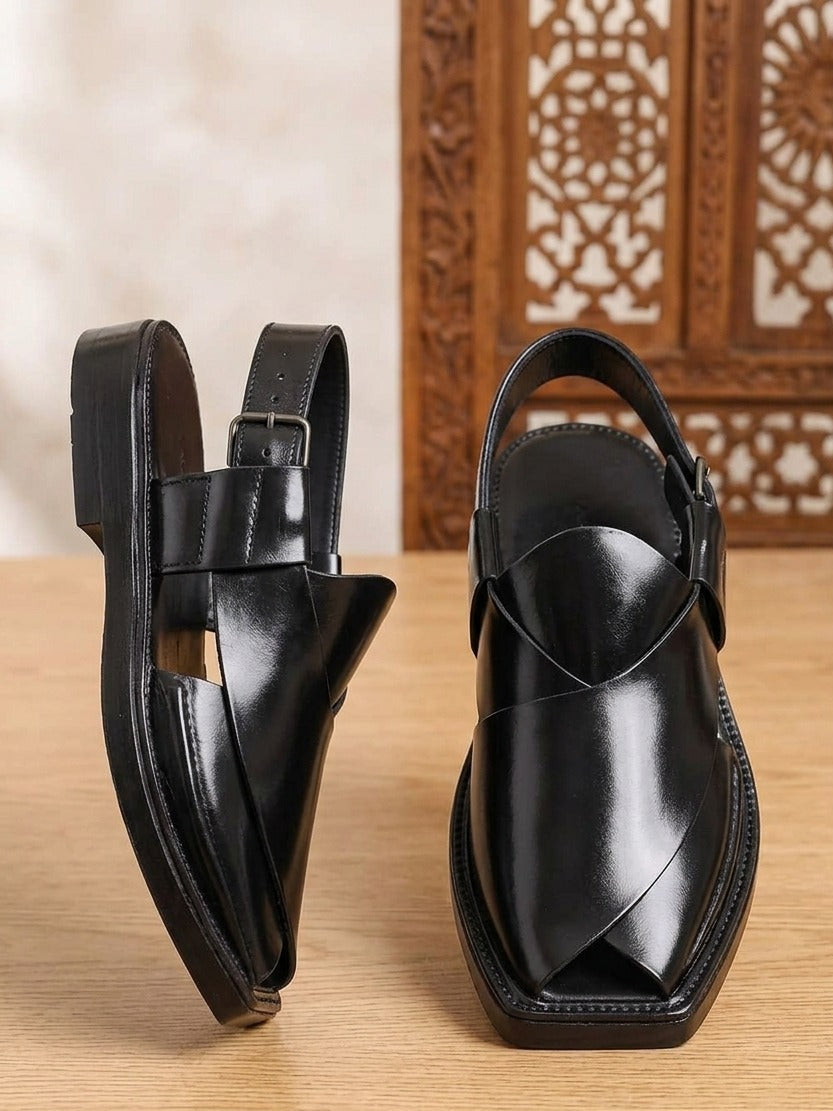 Black Peshawar Zalmi Kaptaan Chappal for Men | Premium Handmade Leather Footwear