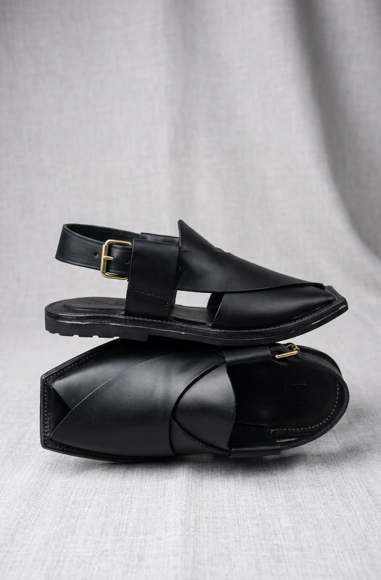 Premium Black Leather Peshawari Chappal – Modern Handmade Design