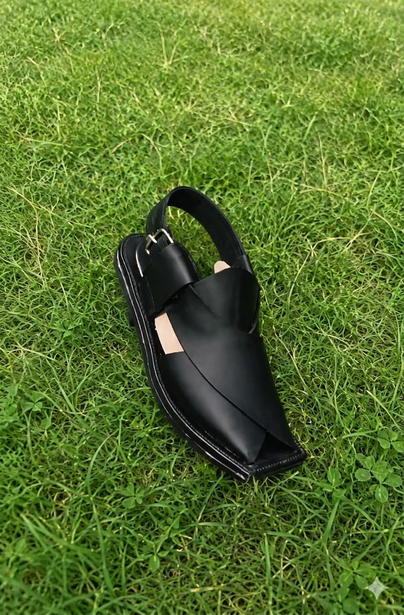 Premium Black Leather Peshawari Chappal – Modern Handmade Design